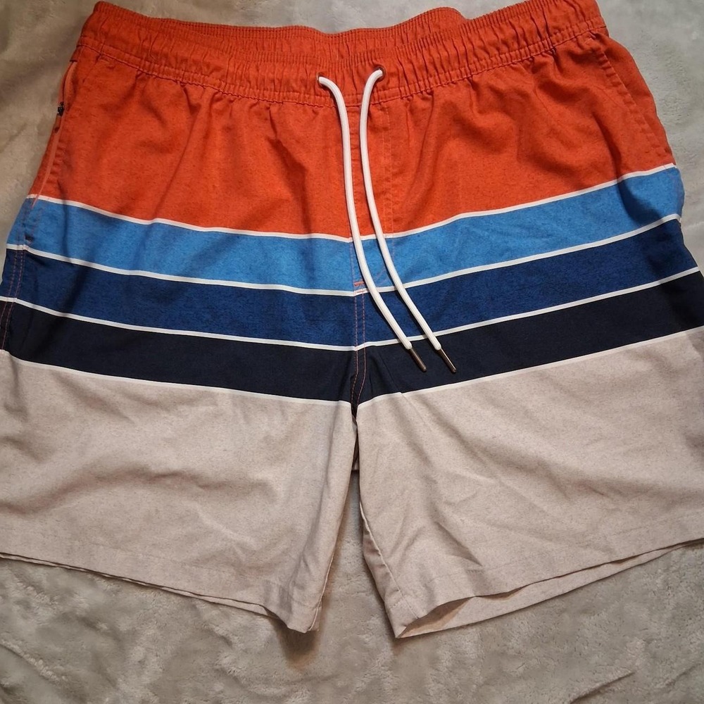 Men's orange striped swim trunks Goodfellow large